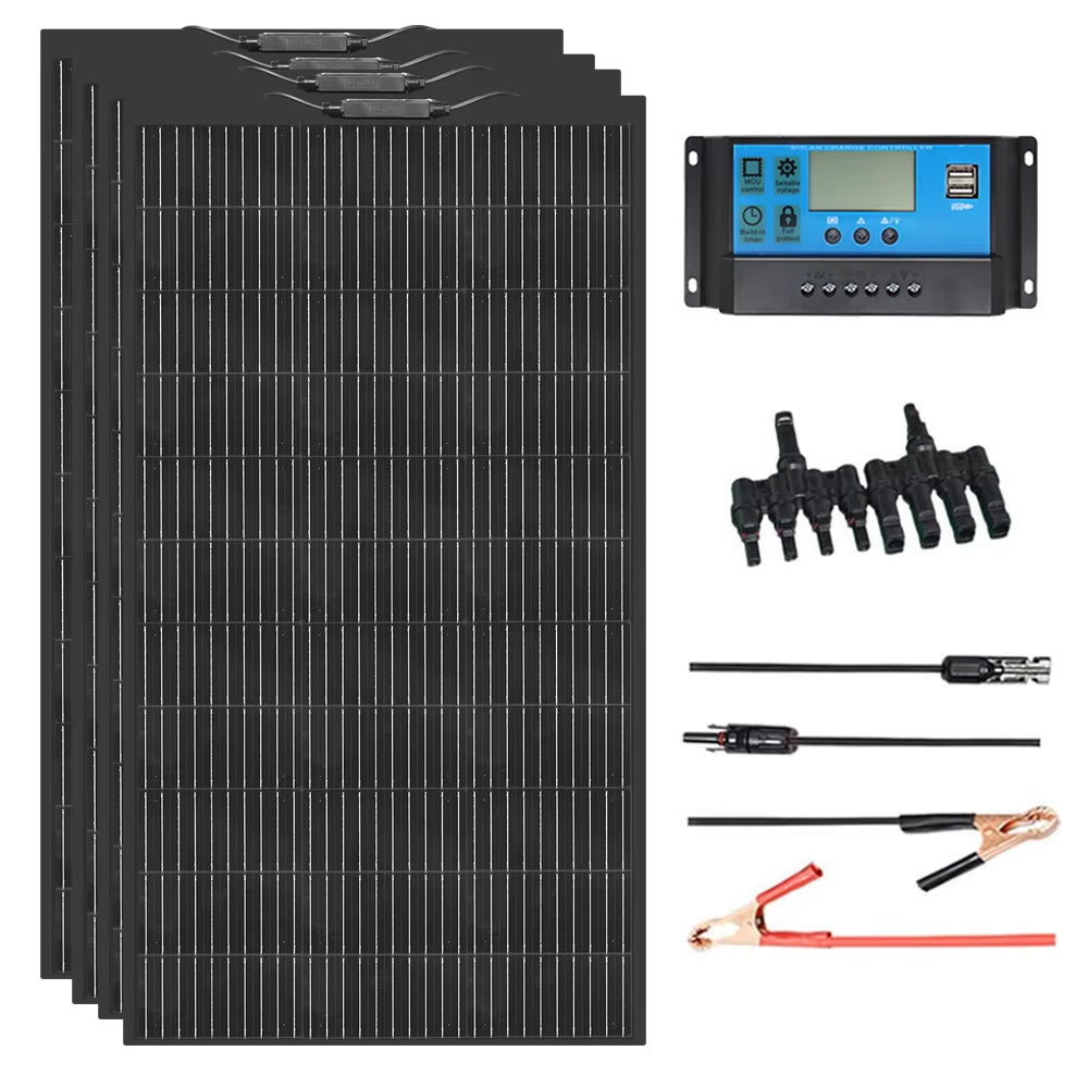 12V Flexible Solar Panel Kit 240W 360W 480W 600W 720W Charge Controller Cable for Battery RV Trailer Boat Cabin Caravan Truck