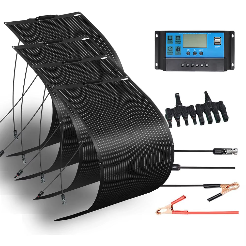 12V Flexible Solar Panel Kit 240W 360W 480W 600W 720W Charge Controller Cable for Battery RV Trailer Boat Cabin Caravan Truck